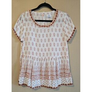 Sigrid Olsen Boho Top Womens Size S Short Sleeve Peplum Rust Cream 100% Modal